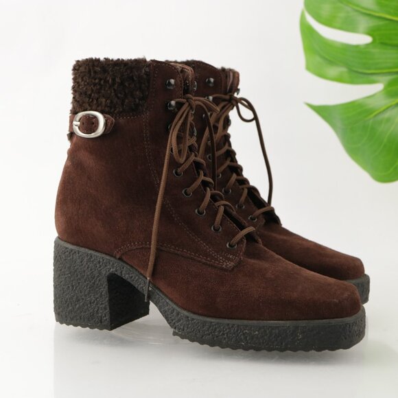 VTG Kamouraska Boot Size 6 Brown Suede Block Heel Lace Up Fur Collar Bootie - Picture 12 of 13